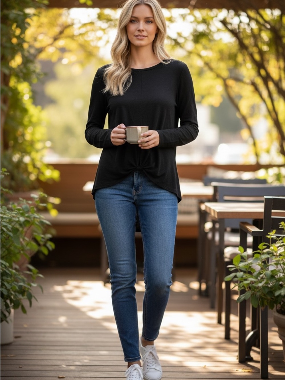 Ardene black tunic top featuring a draped high-low hemline front knot detail M